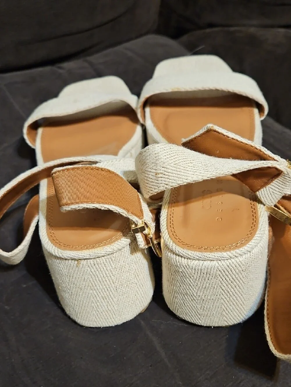 ASOS Cream Textured Platform Sandals with Gold Buckle
